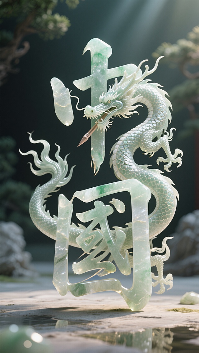 “中国”大字笔画与龙图腾融合变形，字体玉石材质。