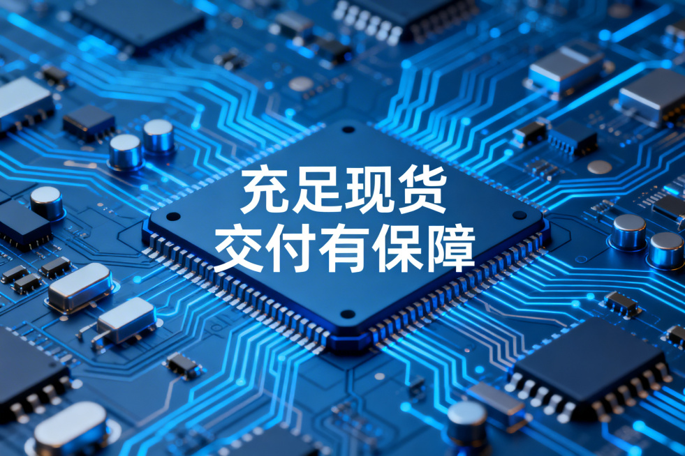 芯片行业百度竞价投放创意配图，科技风，蓝色主题，背景布满芯片电路元素，包含文案"充足现货 交付有保障"，文字使用阿里巴巴普惠体，文字样式现代不老套，整体风格统一科技感预览效果