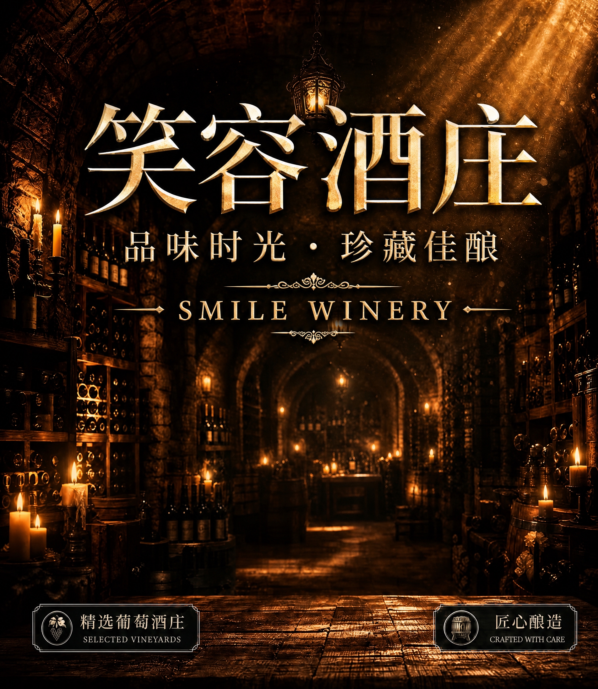 将画面中央的主标题"笑容酒庄"和副标题"品味时光·珍藏佳酿"整… - 图片创意预览