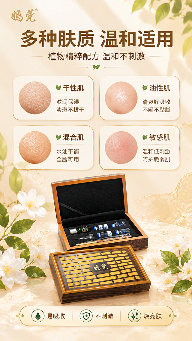 [商品] 使用【图1】嫣莞净萃液木质礼盒套装；保留木盒与瓶身外观；产品位于画面底部中央，占画面约25%。
[画面] 页面目标：适用肤质说明，多种肤质均可使用。构图：上半部分4张肤质卡片2×2网格排列，每张卡片为真实肌肤质感圆形图 + 肤质名称 + 适用理由；下半部分产品礼盒居中；背景为浅米色带细腻植物纹理，卡片用浅金圆角边框。
[视觉] 套系策略：风格=光亮通透植萃护肤商业摄影；标题字=现代简约粗黑体（中文）；正文字=纤细无衬线体；主色=暖米杏+浅金；背景延展=基于暖米杏做深浅渐变、水光肌理、植物叶脉纹理；强调色=草木绿，仅用于小面积图标、引线和植物元素；标题色=深棕金；正文色=暖棕灰；组件=圆角浅金信息卡、细线引线、圆形icon；光影=左前侧暖柔光，整体通透明亮。
[文字] 顶部主标题：多种肤质 温和适用（8字）；副标题：植物精粹配方 温和不刺激；4张卡片：干性肌（滋润保湿 淡斑不拔干）、油性肌（清爽好吸收 不闷不黏腻）、混合肌（水油平衡 全脸可用）、敏感肌（温和低刺激 呵护脆弱肌）；底部配安心标签：易吸收·不刺激·焕亮肤。
[规格] 图片比例9:16竖版，4K分辨率，负向提示：避免黑金奢华风格、避免医疗承诺、避免优惠信息、避免产品变形、避免文字竖排斜排、避免冷蓝灰主色调。