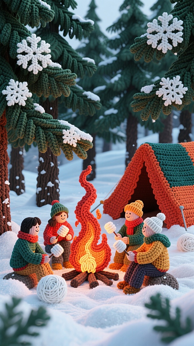 雪松林间燃起篝火，火焰映红周围积雪，露营者围坐烤棉花糖，身旁放着帐篷与暖水瓶。松枝覆雪，夜空缀着疏星，火星随晚风轻飘，橙红 + 墨绿配色，热闹又治愈的户外暖冬露营。