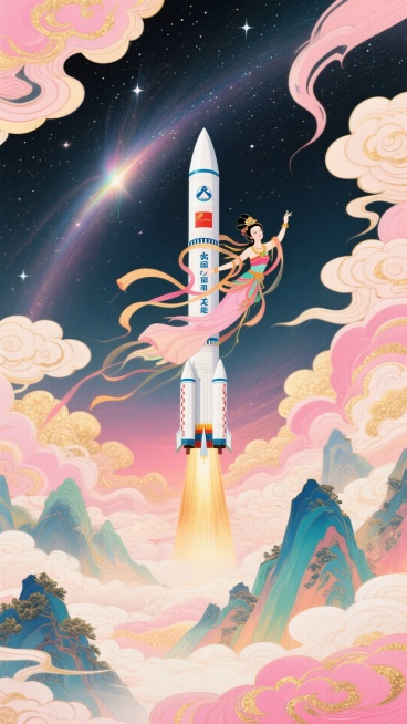 火箭居画面中心垂直向上为核心焦点，嫦娥环绕火箭，披帛环绕火箭飘逸展开，背景下方山峦、上方星空，空间延伸，画面粉金色调，梦幻色彩和光影变化，具有丰富的层次感和立体感预览效果