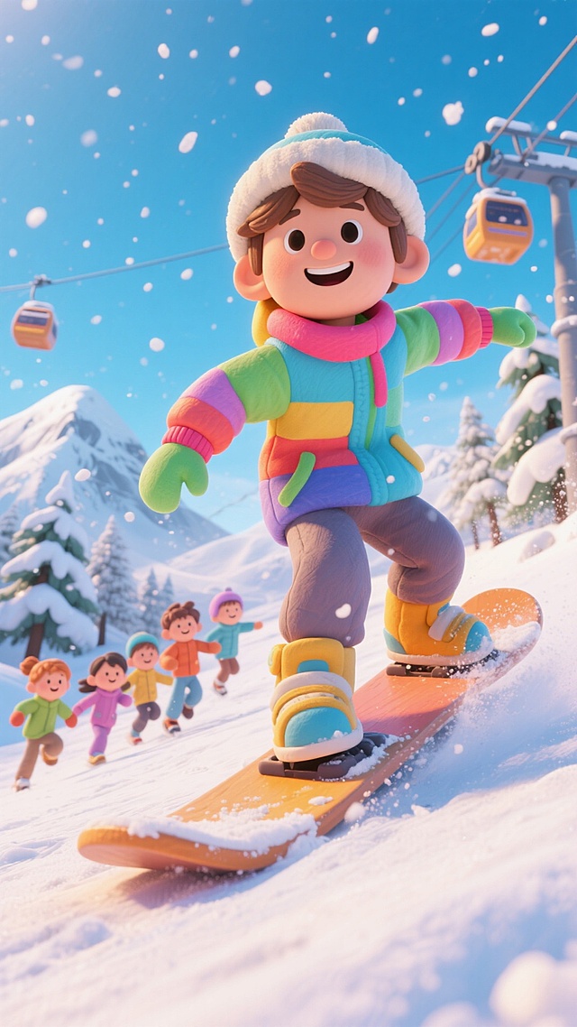 一个身着彩色冬装的孩子在玩单板滑雪，夸张构图，仰视视角，滑雪板即将冲出屏幕，板底清晰可见，背景是白雪覆盖的山脉、滑雪缆车、雪林，天空飘雪，有一群孩子在身后追赶。