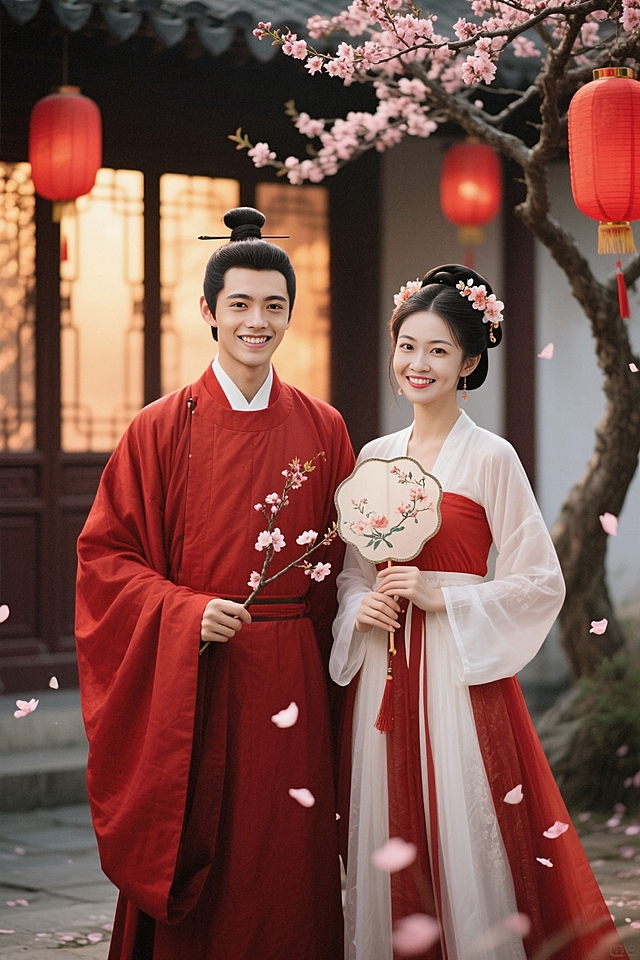工笔风与刺绣风交融，红白汉服映衬樱花纷飞，中式庭院间红灯笼高挂，营造古典喜庆浪漫氛围，唯美主义演绎传统婚嫁之韵。