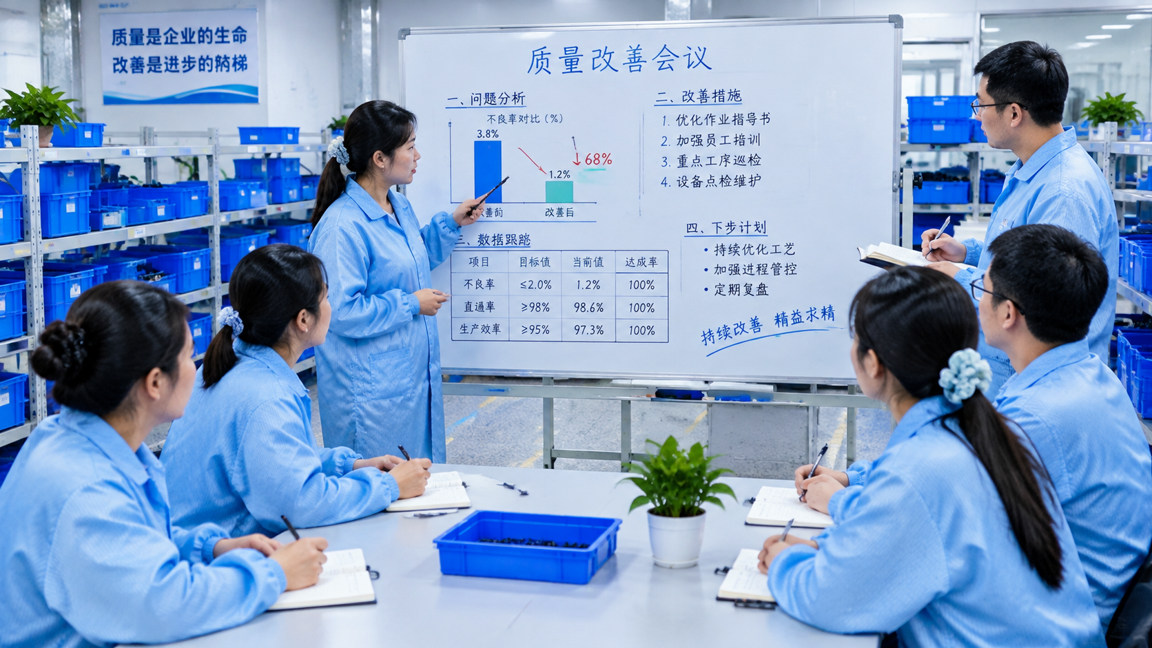 电子厂持续改善会议场景，参考图1的车间环境和工人穿着。几位穿着… - 图片创意预览