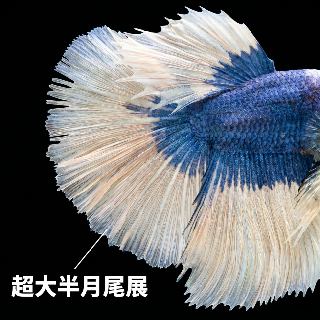 [主图 2] 泰国半月斗鱼核心亮点展示图，突出夸张尾部细节
[氛围风格] 简约专业，突出产品特征
[画质] 商业微距摄影质感，细节纹理清晰锐利，真实真实水族质感
[元素] 斗鱼超大半月尾鳍特写，充分展预览效果