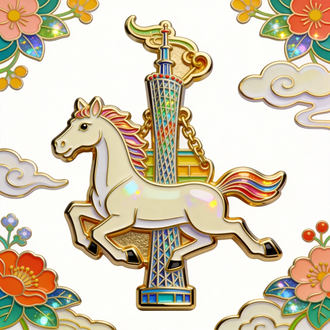 一枚徽章，主体是以广州塔和奔跑的马为主体等象征性元素描绘广州的风景，充满活力的卡通风格与闪闪发光的金属光泽相结合，塞斯蒂娜风格，花卉图案、飘云和有光泽的金属色调丰富了关键轮廓和装饰细节，干净的白色背景预览效果