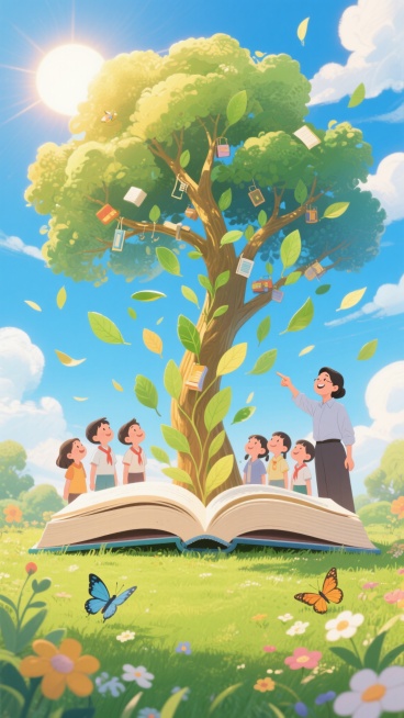 一本打开的书，书页化为飞舞的树叶，生长成一棵知识之树，树木和书本的底部延伸出绿茵茵的草地，周围点缀着花朵和小鸟、蝴蝶，天空中有几朵云彩，阳光从上方洒下，温暖而明亮，老师站在知识之树旁，手指指向树的枝叶预览效果