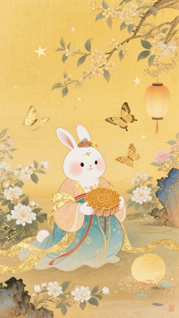 画面中心是一只身着嫦娥服饰的卡通玉兔坐在地上，身材圆润，抱着月饼，周围环绕着桂花、茉莉花等花卉，还有金色蝴蝶飞舞，背景为暖黄色调，点缀星星、桂花枝、小灯笼预览效果