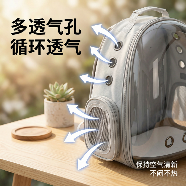 [主图 2] 猫包透气卖点细节展示图。[氛围/风格]：户外休闲实景风格，光线自然柔和。[画面元素]：聚焦展示猫包侧面和正面的透气孔设计，多个圆形透气孔清晰呈现，搭配白色透气方向箭头标注气流循环，背景为预览效果