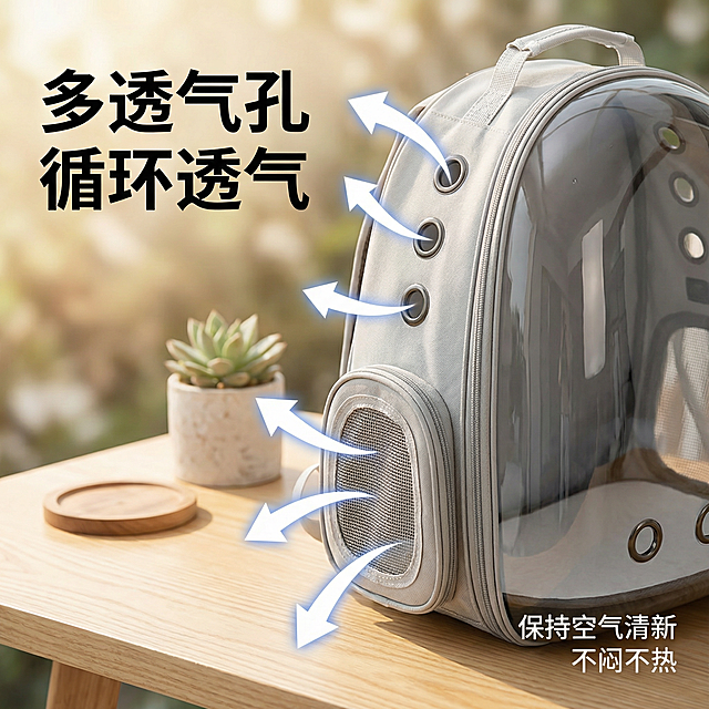 [主图 2] 猫包透气卖点细节展示图。[氛围/风格]：户外休闲实景风格，光线自然柔和。[画面元素]：聚焦展示猫包侧面和正面的透气孔设计，多个圆形透气孔清晰呈现，搭配白色透气方向箭头标注气流循环，背景为浅木色桌面点缀小盆栽，产品主体保持与原图一致，突出透气结构。[配色色系]：主色调浅灰猫包+浅色木纹背景，白色箭头对比清晰。[视角构图]：特写平视，透气孔区域居中占据主体，背景虚化突出细节。[文字版式]：左侧深色粗体主标题“多透气孔 循环透气”，右下角小字说明“保持空气清新 不闷不热”，文字放置在留白区域，不遮挡透气孔细节，字色对比清晰。[比例分辨率]：1:1 比例，2k分辨率