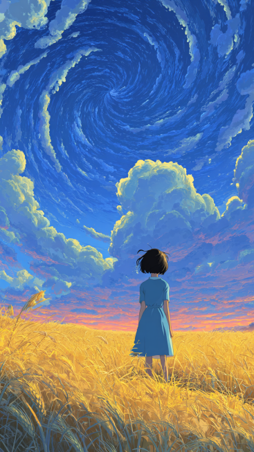 A back view of a young girl with short black hair, wearing a simple light blue dress, standing in a预览效果