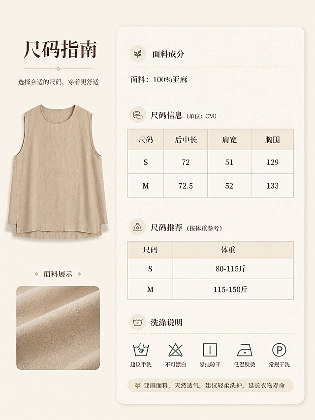 [第5屏] 产品信息与尺码指南页 - 卡其色纯亚麻无袖长款上衣规格参数、面料成分、选码建议。本屏使用【图1】的尺码数据作为内容参考，【图2】作为产品小图参考。
[氛围/风格] 轻奢高级信息卡风格，简约清晰，品质感强。
[元素布局] 画面采用左右结构；左侧为卡其色无袖上衣正面小图+面料小样展示，占比约35%，上衣款式与参考图一致；右侧为产品信息卡片，米白色质感卡片，有细微亚麻纹理底纹；卡片内容包括：面料成分、尺码对照表（S/M两码，后中长、肩宽、胸围数据与参考表一致）、尺码推荐（对应体重范围）、洗涤说明。
[光影质感] 柔和均匀顶光，卡片有轻微投影立体感，整体干净明亮，信息清晰易读。
[配色色系] 全局底色 #F2EDE4（浅米杏）；主色米白卡片+深棕文字；辅助色浅金色分割线、淡米色标签；点缀色墨绿小图标。
[视角构图] 俯视平面版式构图，信息层级分明，阅读动线从左到右、从上到下。
[文字版式] 顶部主标题「尺码指南」大号衬线字体；尺码表为清晰表格形式，包含S/M两个尺码，对应后中长/肩宽/胸围字段；下方尺码推荐表对应体重范围S:80-115斤, M:115-150斤；面料成分栏标注「面料：100%亚麻」；洗涤说明用小图标+文字形式；所有文字清晰可读，排版有呼吸感。
[比例分辨率] 3:4竖版比例，4K分辨率，文字清晰可辨，高清画质。
[负向提示词] 变形，水印，文字错乱，文字过小，表格模糊，颜色偏差，人物出现，背景杂乱，数据错误。