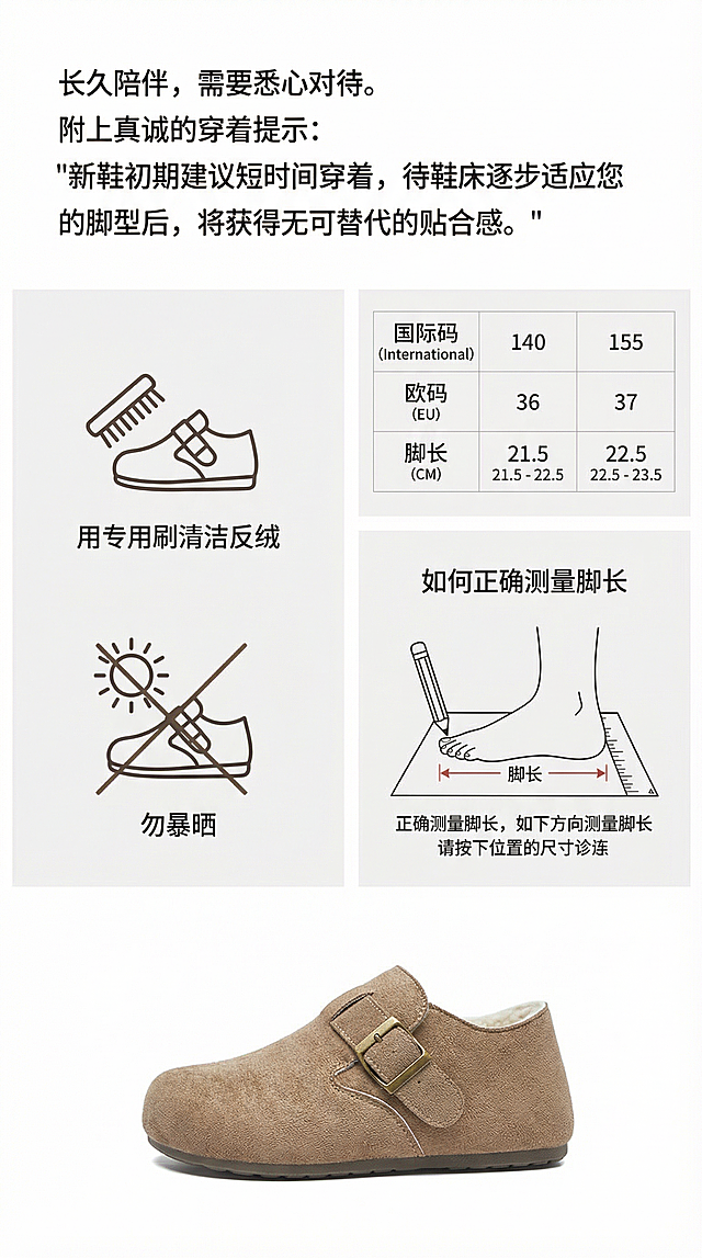 视觉： 左半部分：用简约图标展示护理要点（如：用专用刷清洁反绒，勿暴晒等）。右半部分：清晰的尺码表（建议对照国际码/欧码/脚长cm），并附上一张“如何正确测量脚长”的示意图。

文案： 长久陪伴，需要悉心对待。附上真诚的穿着提示：“新鞋初期建议短时间穿着，待鞋床逐步适应您的脚型后，将获得无可替代的贴合感。”