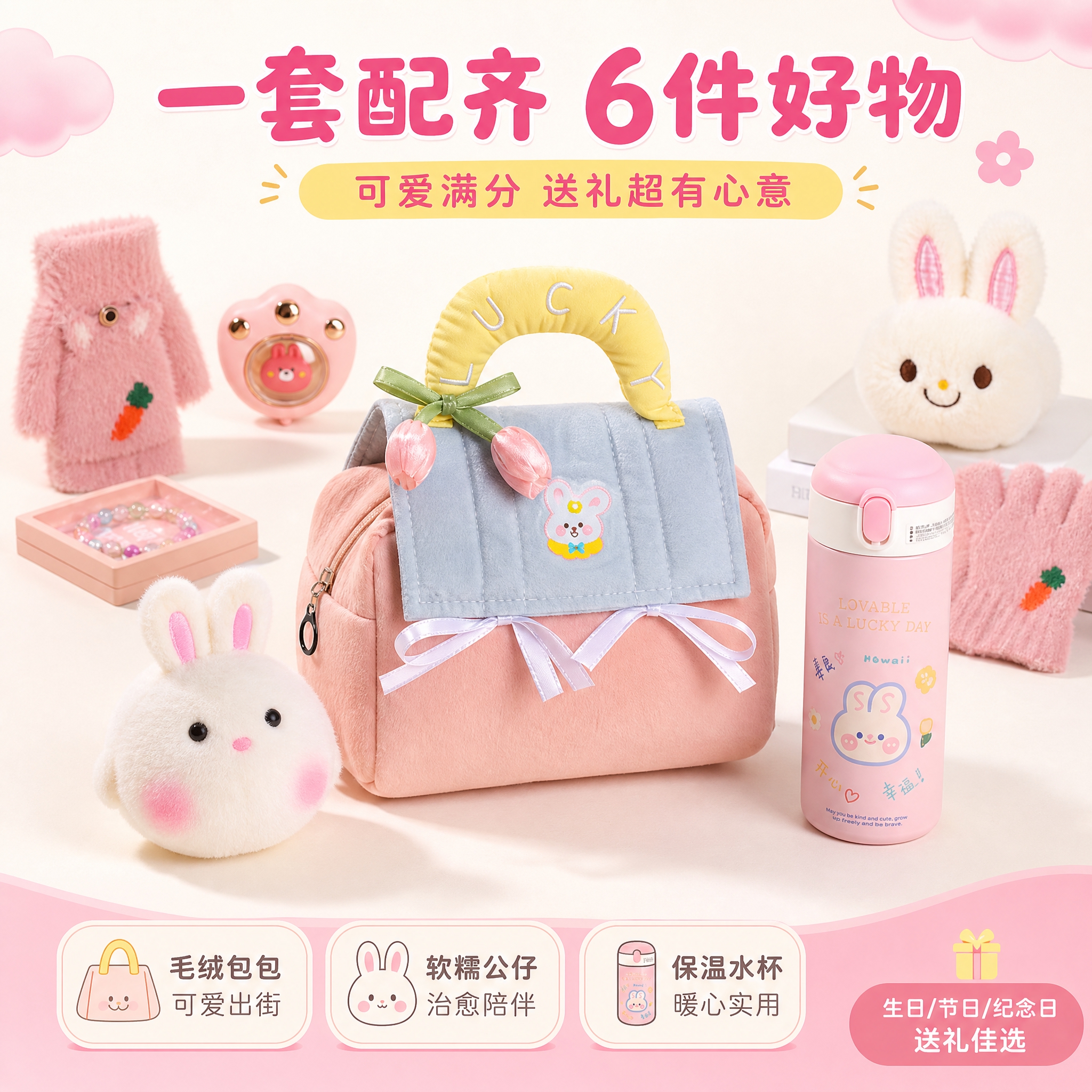 [主图-2] 兔子毛绒玩具套装多件组合展示图，突出套装内容丰富… - 图片创意预览