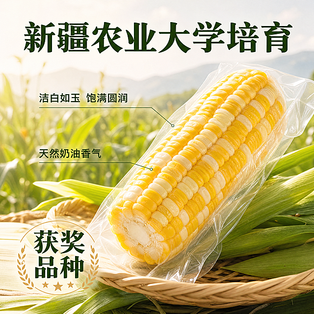 [主图-2] 玉米品种核心亮点溯源展示图。
[氛围风格] 真实可信产地氛围，突出优质品种优势
[画质] 商业摄影质感、光线柔和通透、产品清晰真实、画面干净高级
[元素] 保持输入玉米外观、颜色与原图绝对一致。画面主体为切开一半的玉米，展示横截面洁白饱满的籽粒，背景浅淡融入新疆玉米田远景。保持产品完整清晰，用引线标注关键特点。商品主体占比约65%，画面干净不杂乱
[光影] 自然暖阳斜射，突出玉米籽粒饱满圆润的质感，纹理清晰可见
[配色] 主色调为暖黄玉米色搭配浅绿背景，自然清新，对比清晰
[视角构图] 平视45度斜角，主体突出，层次分明
[文字版式] 顶部大字“新疆农业大学培育”，深绿粗体清晰。画面中部用细引线标注：引线一指籽粒“洁白如玉 饱满圆润”，引线二指玉米“天然奶油香气”，文字小而清晰，指向精准不遮挡主体。底部放大加粗“获奖品种”突出信任背书。文字排版清晰，主次分明，不遮挡产品
[比例分辨率] 1:1 比例，4k 分辨率，文字清晰可辨，超高清
[负向提示词] 变形，水印，文字错乱，产品图模糊，背景杂乱，绝对化违禁词