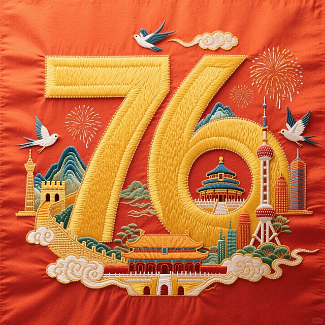 喜庆中式刺绣风，大字“76”彰显节日氛围，融入传统建筑与烟花，尽显国庆欢腾。