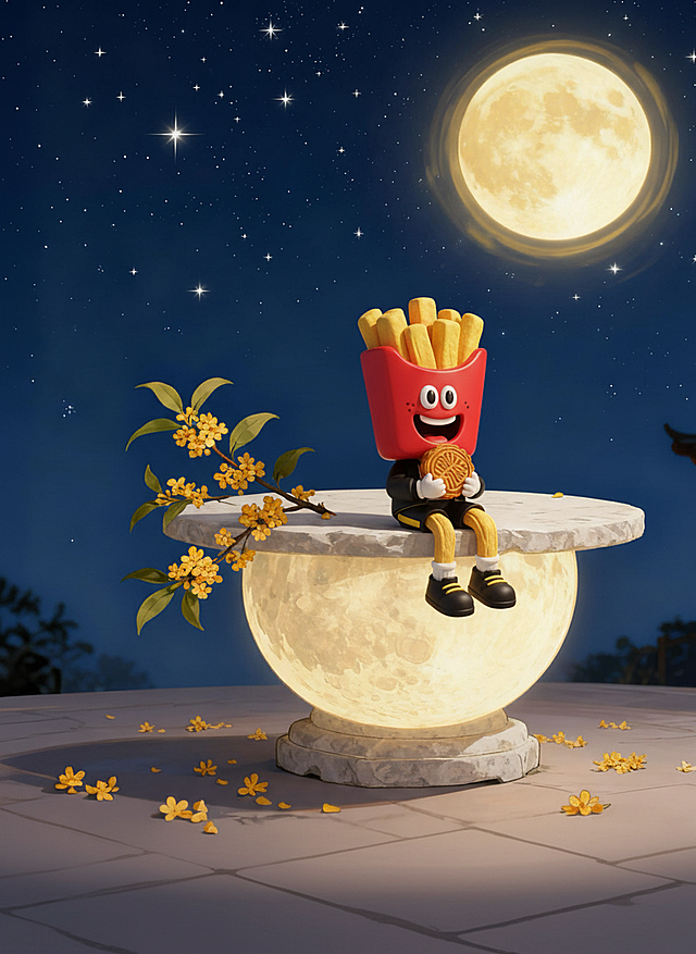 3D卡通风格，薯条拟人角色坐在月亮上，手持月饼，梦幻超现实主义夜景。