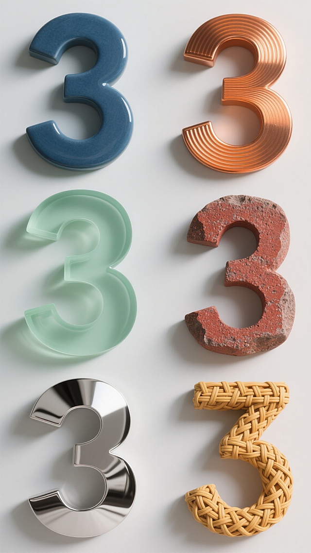 六个相同造型的数字“3”以规整网格排布组成的系列素材集合，每个“3”采用完全不同的材质和整体色彩，均为纯色背景：第一个是哑光质感的深海蓝色陶瓷“3”，第二个是带有金属拉丝纹理的亮橙色铜制“3”，第三个是半透明磨砂质感的嫩绿色亚克力“3”，第四个是具有粗糙颗粒感的复古红色砂岩“3”，第五个是光滑镜面效果的银白色不锈钢“3”，第六个是带有细腻编织纹理的暖黄色藤编“3”，所有数字保持统一的现代无衬线字体造型，边缘锐利清晰，光线从左上方45度角照射形成自然阴影，整体呈现简洁、现代、高品质的设计感。