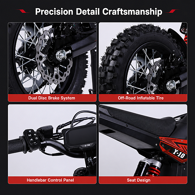 [第7屏] 本屏功能定义：Key Structural Details Showcase. 本屏 uses four key detail close-ups from【图1】.
[氛围/风格]：Detail display style, clean grid layout, highlights process and material quality.
[元素布局]：Four-grid layout, each grid shows one key detail: 1. Dual Disc Brake System 2. Off-Road Inflatable Tire 3. Handlebar Control Panel 4. Seat Design. Each detail is cropped from【图1】, structure and color match original product, each grid has short description label.
[光影质感]：Even lighting on all four grids, each detail is clear, texture is visible.
[配色色系]：Global background #2A2A2E; main color dark gray; auxiliary color white text, red for labels, consistent overall tone.
[视角构图]：Equal four-grid layout, balanced composition, each detail gets equal focus.
[文字版式]：Top main title "Precision Detail Craftsmanship", each grid has a 4-8 word label at the bottom, text is small but clear, does not cover the detail.
[比例分辨率]：1:1 square ratio, 4K resolution, clear text, high definition quality.
[负向提示词]：detail deformation, wrong cropping, text confusion, blurry image, Chinese characters, inconsistent product color.