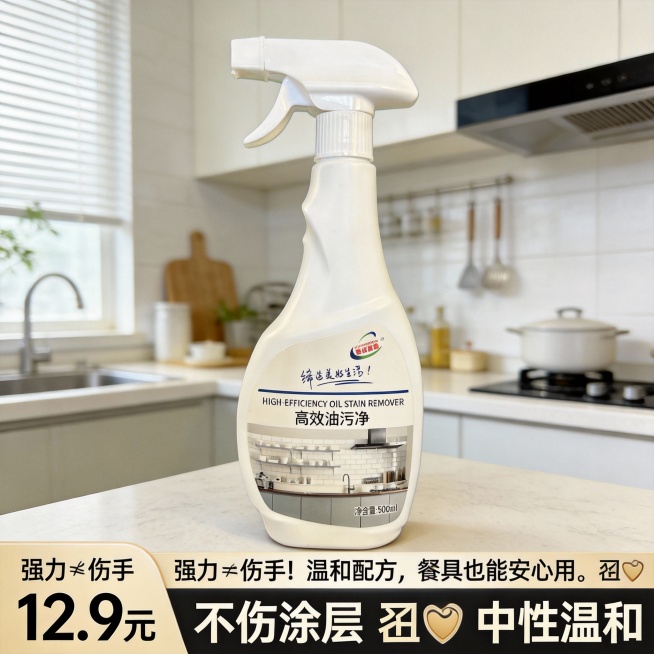 生成10张不同场景的油污净电商主图，价格“12.9元”，比例1:1，强力≠伤手！温和配方，餐具也能安心用。🛡️ 不伤涂层 🛡️ 中性温和预览效果