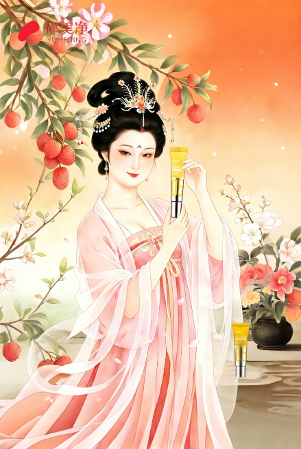 将左上角的郁美净标志替换成第一张参考图里正确的标志样式，保持标志在左上角位置、大小和整体画面其他内容不变，保持原有中式古风工笔画风格和A3尺寸预览效果