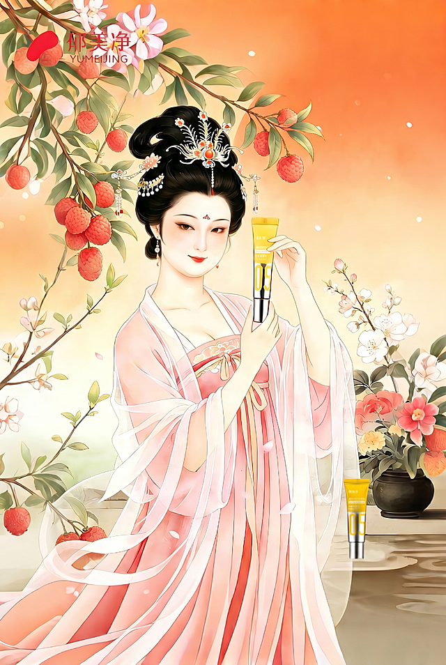 将左上角的郁美净标志替换成第一张参考图里正确的标志样式，保持标志在左上角位置、大小和整体画面其他内容不变，保持原有中式古风工笔画风格和A3尺寸