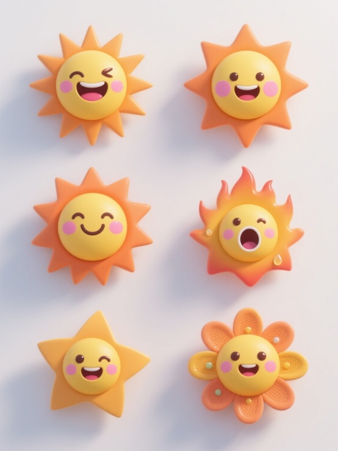 3D风格设计，六个太阳图标整齐排列在白色背景上，保持原有的黄色圆形主体、橙色放射状光芒和粉色腮红的配色方案，每个太阳拥有不同的样式变换，包括不同的表情（眨眼、微笑、大笑、害羞、惊讶、开心）、光芒形状（尖角形、圆形、火焰形、水滴形、星形、花瓣形）和细节装饰（部分添加高光、纹理或小元素），整体呈现出可爱、立体的卡通质感，光影过渡自然，具有统一的3D视觉效果。预览效果