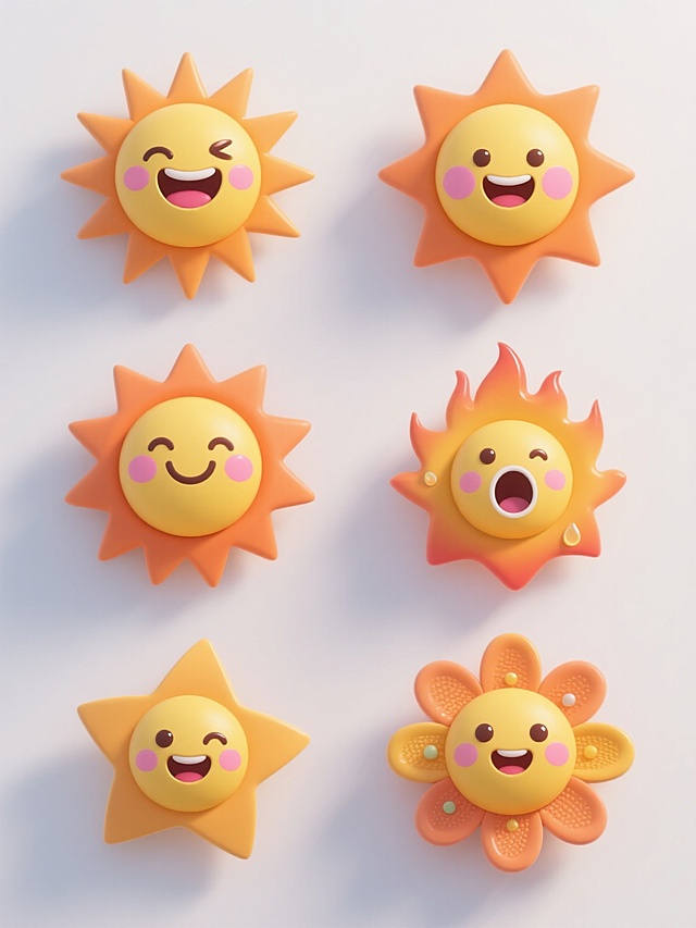 3D风格设计，六个太阳图标整齐排列在白色背景上，保持原有的黄色圆形主体、橙色放射状光芒和粉色腮红的配色方案，每个太阳拥有不同的样式变换，包括不同的表情（眨眼、微笑、大笑、害羞、惊讶、开心）、光芒形状（尖角形、圆形、火焰形、水滴形、星形、花瓣形）和细节装饰（部分添加高光、纹理或小元素），整体呈现出可爱、立体的卡通质感，光影过渡自然，具有统一的3D视觉效果。