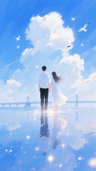 蓝色天空为背景，点缀白色云朵、闪烁的星星 。一对男女，男子穿着白色上衣和黑色裤子，女子穿着白色长裙，长发飘飘 。两人并肩站立，望向远方，地面如镜面般反射出天空和人物的影像 。远处有一座桥梁的轮廓，空中预览效果