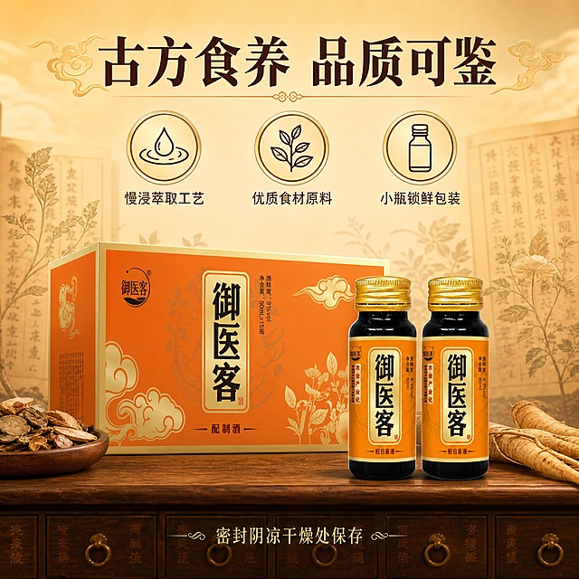 [主图-6] 品质保障 古方传承品牌信任
[统一基调] 国风品质感 暖橙金主色调 深棕辅助色 金色描边与祥云纹样点缀 主标题粗宋国风字体 副标题细黑体 整体温润典雅 古方食养氛围
[画面] 画面中央御医客整箱产品与小瓶酒组合展示 背景为古方典籍与草本植物的淡金色剪影 上方有祥云纹样装饰 底部有淡淡的传统药柜纹理 营造古法传承 品质可信的氛围 产品占画面约50% 视角为正面
[光影质感] 暖调柔光 产品主体清晰突出 背景元素柔和虚化 整体庄重有质感
[配色] 背景暖橙渐变叠加淡金纹样 产品橙金 文字深棕与金色
[文字版式] 上方主标题"古方食养 品质可鉴" 粗宋深棕色 下方三个品质图标横向排列 分别配文 "慢浸萃取工艺" "优质食材原料" "小瓶锁鲜包装" 每个图标为圆形金色边框 内有简约线稿图标 图标下方小字说明 底部一行小字"密封阴凉干燥处保存" 文字整体居中 不遮挡产品
[输出要求] 比例1:1 文字清晰 产品完整 无变形错字 无水印 无平台Logo 禁止功效暗示 禁止绝对化用语 禁止医疗保健宣称