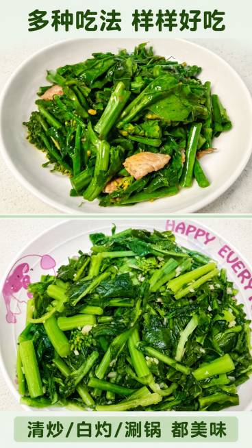 [第8屏] 食用场景-多种吃法推荐收尾。
[氛围/风格] 家常生活风，展示多种美味吃法，吸引购买。
[内容布局] 顶部主标题，下方竖向排列两种不同的成品菜品，上半部分展示肉炒板蓝根青菜，下半部分展示清预览效果