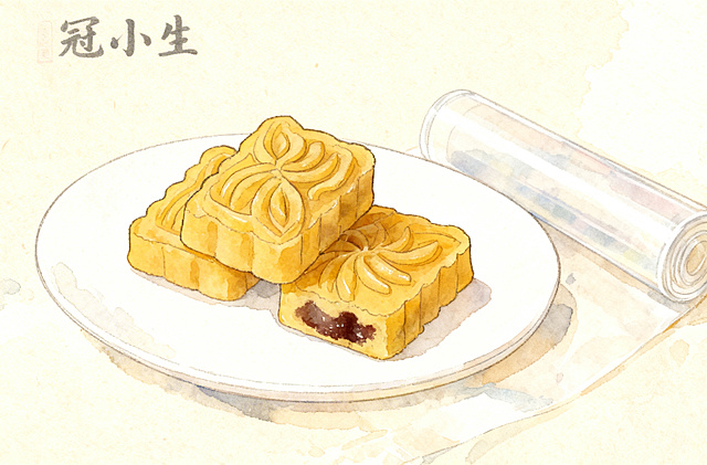 复古手绘风格绿豆糕插画，参考图片中三块绿豆糕的摆放结构，暖黄色糕体，清晰传统糕点压纹，豆沙夹心点缀，浅米色底色，水彩质感，笔触柔和，国风韵味，干净治愈，适合传统糕点包装，冠小生品牌，年轻化国潮，无多余元素，商业插画，高清，可用于透明卷膜包装主视觉，保持参考图中绿豆糕的造型和构图