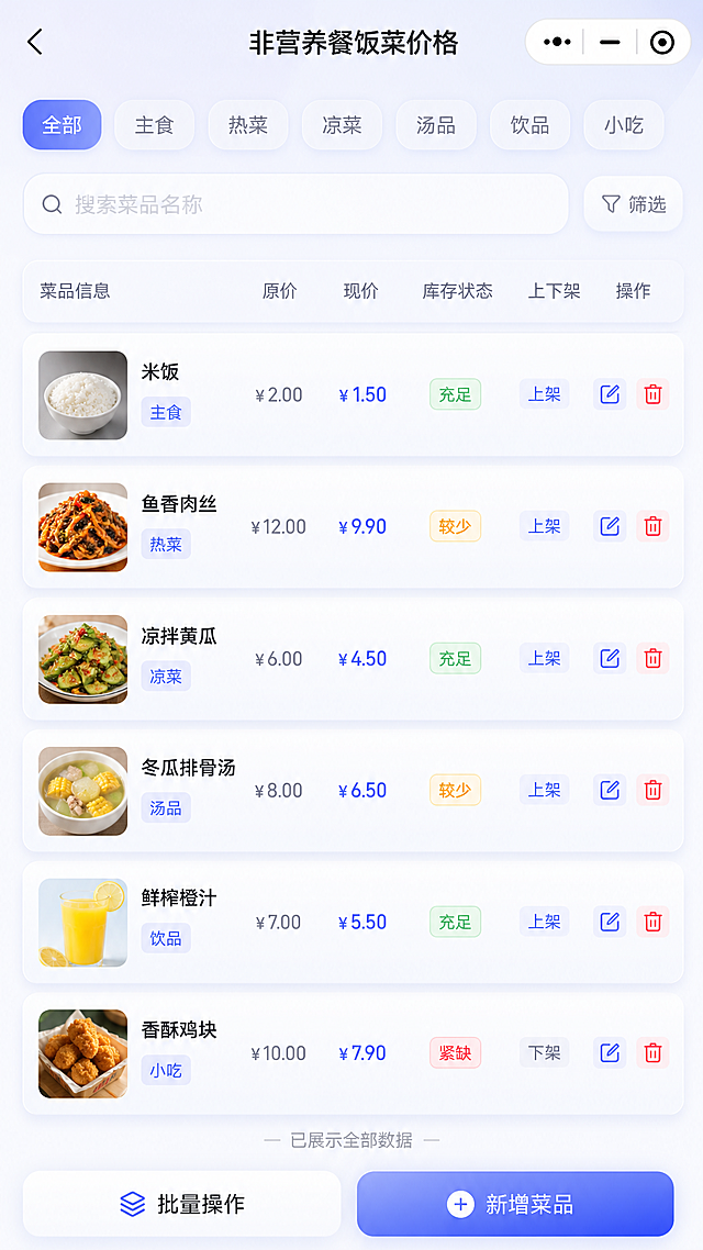 非营养餐饭菜价格管理UI界面设计，参考图例的蓝紫色渐变简约风格，顶部标题栏显示“非营养餐饭菜价格”，左上角有分类筛选标签（主食/热菜/凉菜/汤品/饮品/小吃），顶部搜索栏支持菜品名称搜索，中间区域为菜品价格列表，每行展示菜品图片缩略图、菜品名称、菜品分类、原价、现价、库存状态、上下架状态，右侧有编辑和删除操作按钮，底部有新增菜品按钮和批量操作功能，整体采用蓝紫色系配色，毛玻璃质感卡片，简洁现代的UI设计风格，高保真界面原型，移动端竖屏布局