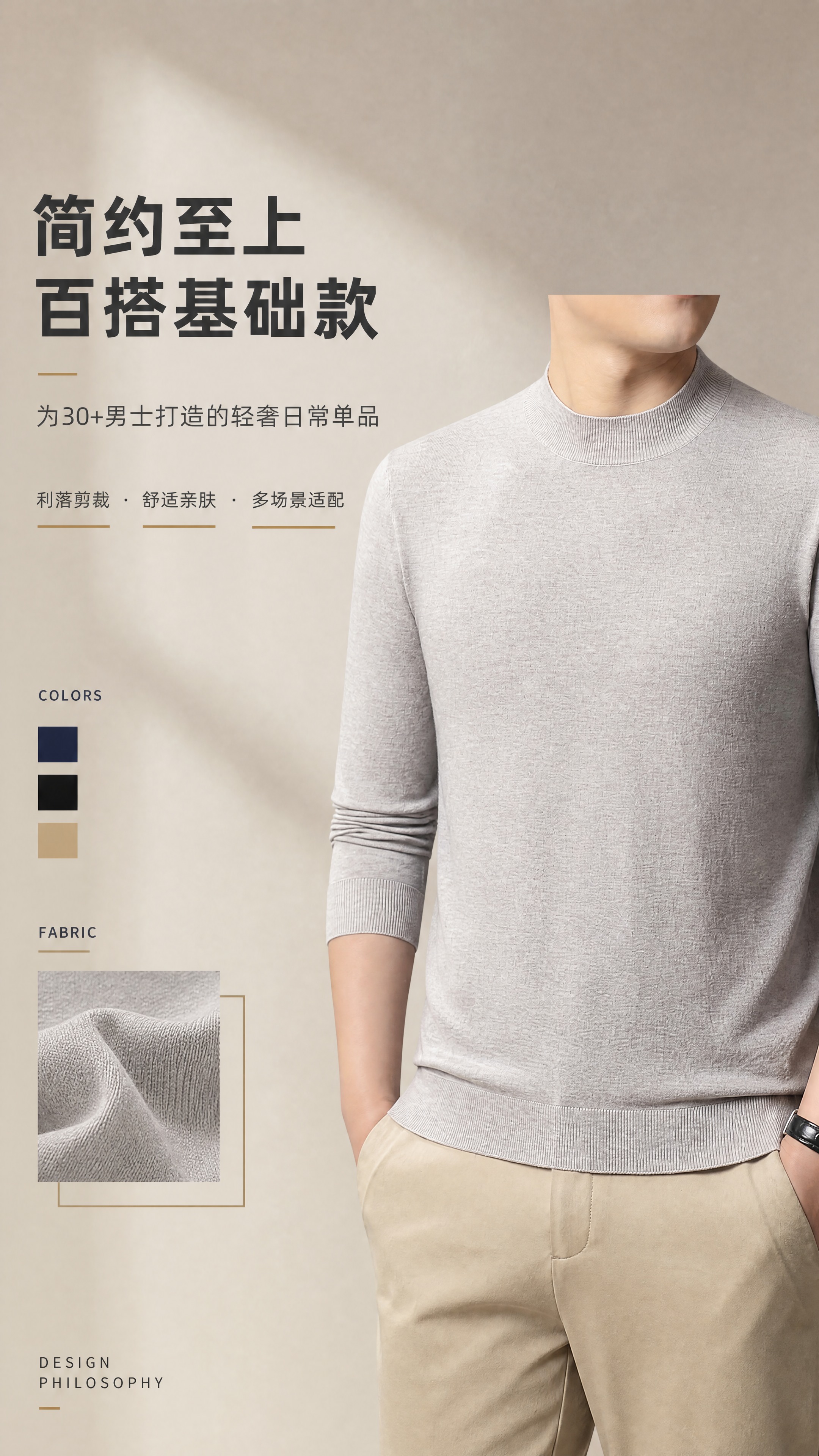 [商品] 使用【图10】浅灰色男士半高领莫代尔毛衫模特图；保留… - 图片创意预览