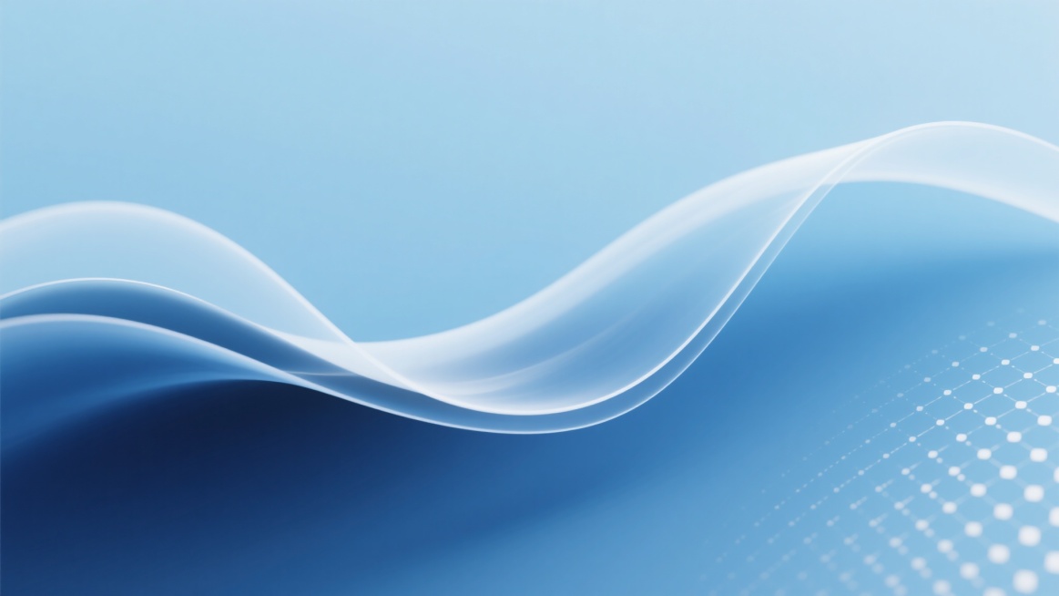 微距视角，纯粹极简的现代设计背景，柔和天蓝色至深海蓝的渐变如丝绸般顺滑流动，流畅白色波浪线条似轻盈丝带舞动，右下角半透明细密白点几何图案精致点缀，光线均匀柔和，色彩纯净通透，尽显宁静科技未来感的干净背景画面预览效果