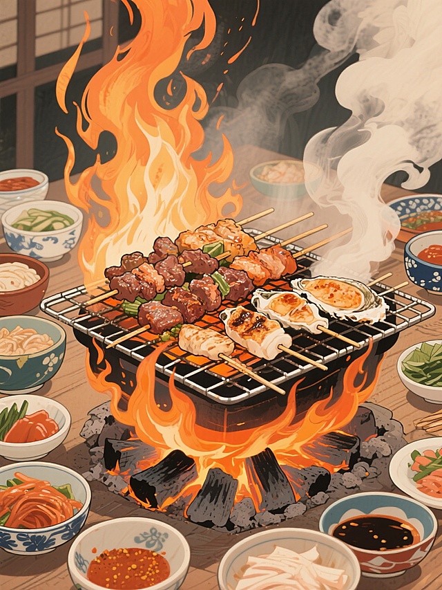 温暖明亮的日料美食插画，日式浮世绘风格，烤架上滋滋作响的烤肉串和烤海鲜，火焰升腾，烟雾缭绕，周围摆放着各种调味小碗和配菜，炭火的暖橙色光芒照亮整个画面，线条流畅，色彩浓郁，充满烟火气和生活气息，细节丰富，构图饱满，具有传统日式绘画的韵味和质感