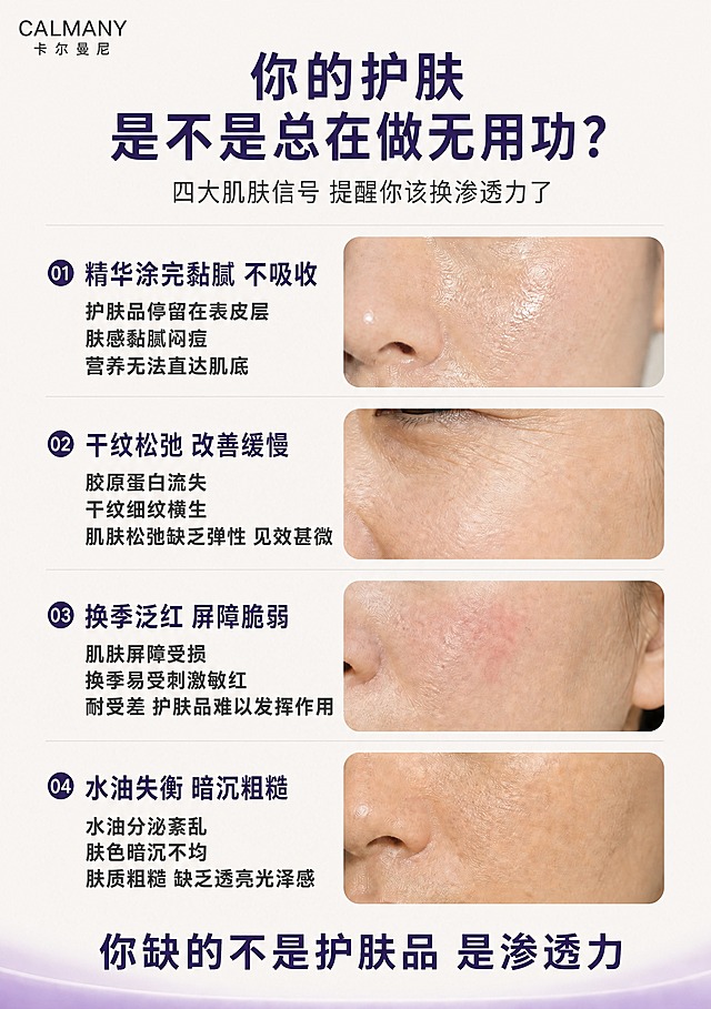 基于原图进行修改，保留原图整体布局、四个版块结构、肌肤图片、标题、编号、大标题、副标题、品牌Logo、米白背景、底部淡紫渐变等所有其他元素不动：

1. 第三版块（换季泛红 屏障脆弱）中的描述文字第二行"换季敏感泛红"替换为"换季易受刺激敏红"
2. 底部大标语"缺的不是护肤品 是渗透力"前面加一个"你"字，改为"你缺的不是护肤品 是渗透力"，字体样式、大小、颜色、加粗程度保持不变
3. 每个版块内的小字体描述文字（即每个小标题下方的三行小字描述）全部改为加粗字体，字重增加，更清晰醒目，颜色保持深灰色不变
4. 其他所有元素（标题、小标题、肌肤图片、编号圆圈、分隔线、背景、品牌Logo等）均保持原样不变