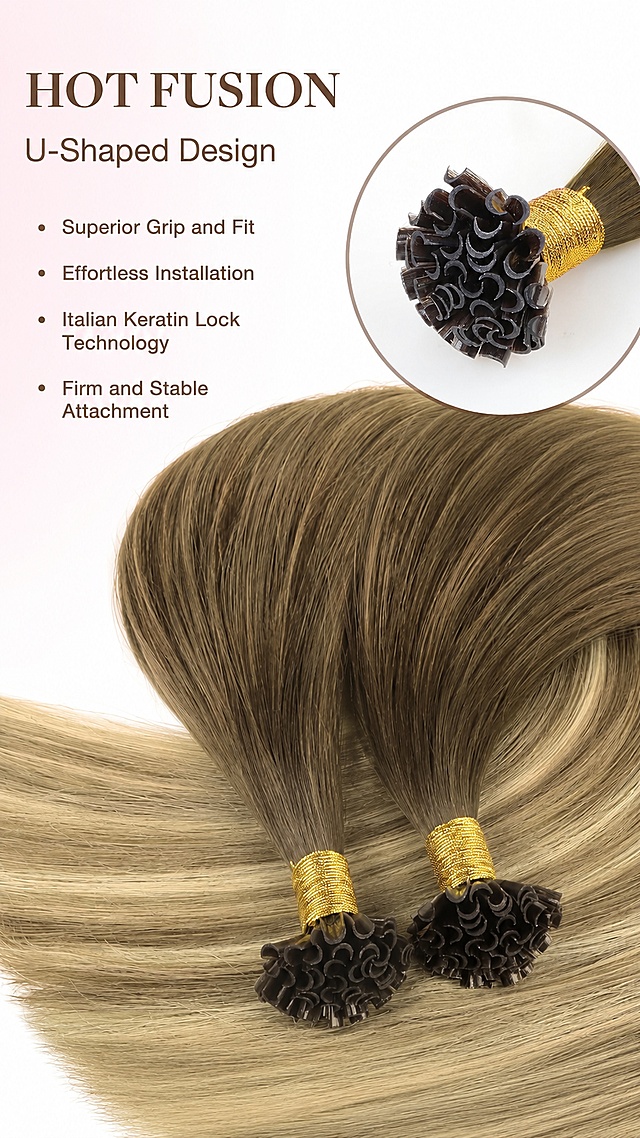 [第4屏] Hot Fusion U-Shaped Design introduction page. 本屏使用【图4】，主背景放置发丝产品，右上角圆形放大U Tip keratin tip特写。
[氛围/风格] 突出产品工艺细节，简约专业，柔和浅色背景。
[元素布局] 主背景铺满渐变棕金色U Tip发丝，右上角圆形区域放大U Tip接头结构，左侧文字介绍设计优势，保留产品原有结构和颜色特征。
[光影质感] 柔光影棚打光，发丝纹理清晰，接头结构清楚展示。
[配色色系] 背景渐变从浅粉到白色，主标题深棕色，文字深棕色。
[视角构图] 主体发丝在下，文字在左上，特写在右上构图。
[文字版式] 左上主标题 "Hot Fusion", 副标题 "U-Shaped Design", 然后四个卖点 bullet points: "Superior Grip and Fit", "Effortless Installation", "Italian Keratin Lock Technology", "Firm and Stable Attachment", 左对齐排版，不遮挡主体。
[比例分辨率] 9:16 竖版，4K分辨率，文字清晰可辨，高清画质。
[负向提示词] 结构变形，颜色偏差，文字模糊，水印。