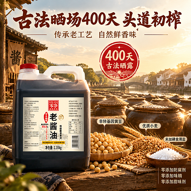 [主图-2] 核心卖点与工艺溯源图，主题为古法晒场400天酿造工艺与零添加配方，建立品质信任。
[统一基调] 中式厨房暖调风格，背景主色为暖木棕与米白渐变，标题字色为深棕红，辅助字色为暖金色，强调色为朱红印章色；主标题用粗笔书法体厚重有力，辅助文案用清爽黑体，字号层级分明；整体专业品质有食欲感，符合淘宝/天猫粮油调味品类调性。
[画面] 产品主体零净老酱油瓶位于画面左侧，占比约40%，瓶身完整展示标签信息；右侧及背景融入古法酱油晒场场景，可见一排排传统酱缸露天晾晒，远处有江南水乡或老作坊建筑轮廓，天空有暖阳，营造历史传承感；画面中下部用写实方式展示三种核心原料：非转基因黄豆颗粒饱满、小麦颗粒、清澈食用盐，分别用细线引线标注；画面上方有一个朱红印章样式的圆形标识，内写"400天"大字，下方小字"古法晒露"；整体场景自然融合，产品与晒场场景有空间层次。
[光影质感] 自然暖阳逆光质感，主光从右上方洒下，酱缸与产品都有暖金色边缘光；产品瓶身保持通透光泽，黄豆与小麦颗粒有微距纹理细节，表面有自然高光；整体光影温暖有年代感，拒绝冷硬影棚光。
[配色] 背景晒场暖黄色调+蓝天，产品深褐+白标+红盖，标题深棕红，原料自然本色，印章朱红色；整体暖色调统一。
[文字版式] 顶部主标题横排"古法晒场400天 头道初榨"，书法粗体深棕红色；副标题"传承老工艺 自然鲜香味"暖金色黑体；右侧三个引线式标注分别指向黄豆、小麦、盐，文字为"非转基因黄豆""优质小麦""未加碘食用盐"，简洁黑体；右下角小字"零添加防腐剂 零添加味精 零添加甜味剂"，分三行排列；所有文字不遮挡产品主体与核心场景。
[输出要求] 1:1正方形，产品清晰不变形，原料细节真实，晒场场景有氛围，文字清晰可读；禁止出现平台Logo、水印、绝对化用语，禁止产品变形、标签错字，禁止素材化拼接感，要求产品与场景自然融合。