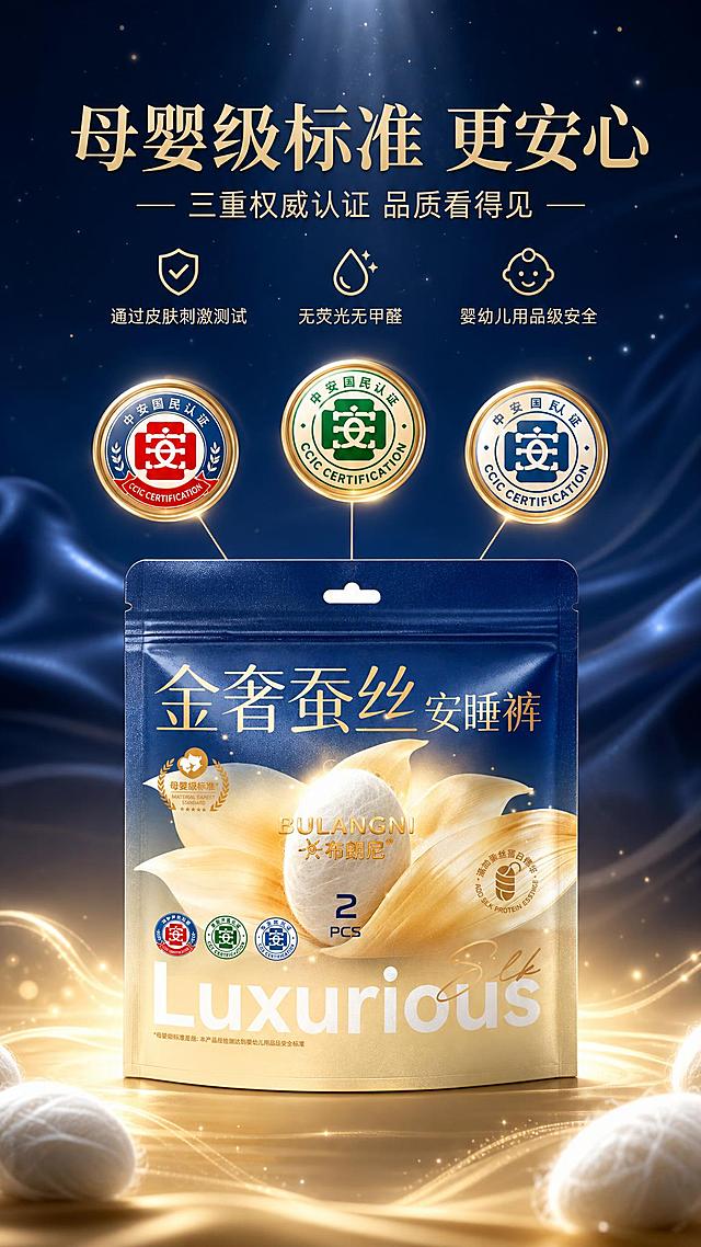 [商品] 使用【图1】布朗尼金奢蚕丝安睡裤外包装袋；保留包装袋深蓝渐变底色、金色字体、BULANGNI布朗尼Logo、母婴级标准徽章、三重认证徽章及所有包装文字；清晰化认证徽章细节，增强金属质感，不改变包装结构与文字内容。
[画面] 目标为信任背书展示，强化母婴级标准与安全品质；居中对称构图，包装袋位于画面中下部，上方环绕三个认证徽章放大展示，产品整体占画面50%；顶部预留大面积文字排版空间；前景为金色光晕与蚕丝装饰，中景为包装与认证徽章，后景为暗蓝色渐变夜晚背景与柔和星光。
[视觉] 套系策略：风格=暗蓝调夜晚高级商业摄影，Octane渲染超写实；标题字=现代轻奢衬线粗体；正文字=简洁无衬线体；主色=深邃藏蓝；背景延展=基于藏蓝做深浅渐变、夜晚雾感层次与细腻丝绸光泽质感；强调色=香槟金，仅用于小面积图标、引线、标签和局部光效；标题色=香槟金；正文色=米白色；组件=圆角半透明信息卡、细金线引线、蚕丝纹理装饰；光影=顶部柔和聚光打亮包装主体，认证徽章用局部高光突出金属质感。
[文字] 顶部区域放置主标题"母婴级标准 更安心"、副标题"三重权威认证 品质看得见"，下方配3个信任卖点"通过皮肤刺激测试""无荧光无甲醛""婴幼儿用品级安全"，文字横向排版，不遮挡包装Logo与认证标识。
[规格] 图片比例9:16竖版，2K分辨率，medium质量；避免变形、错字、文字过小、包装文字错乱、认证标识篡改、绝对化用语。