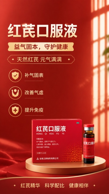 修改当前红芪口服液宣传海报，移除画面中所有黄芪植物和切片素材，缩小瓶装红芪口服液和包装盒的尺寸，去掉左上角多余的logo，重新调整所有文字文案的排版和位置，保持原有红红色调风格，保持创意活力、版式协调预览效果