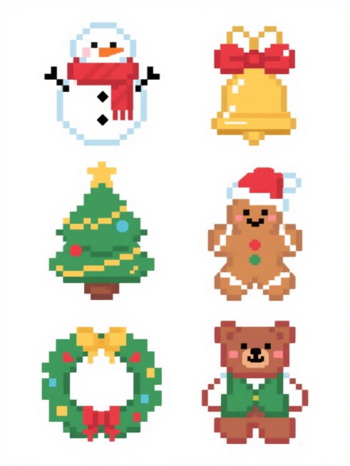 一套6个完全不同的圣诞节主题像素风格图标，白色背景，2行3列规整排布，每个图标保持圆润可爱的造型，使用红色、绿色、黄色、棕色为主色调，包含戴着围巾的雪人、挂着礼物的圣诞树、系着蝴蝶结的圣诞铃铛、顶戴红色帽子的姜饼人、带有金色装饰的圣诞花环、穿着绿色马甲的圣诞小熊，所有元素边缘清晰，色彩明快，充满节日氛围，像素颗粒感细腻均匀，每个图标独立且具有一致性的圣诞主题风格。预览效果