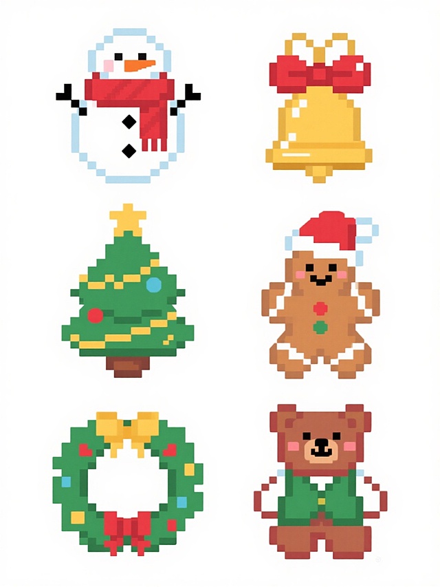一套6个完全不同的圣诞节主题像素风格图标，白色背景，2行3列规整排布，每个图标保持圆润可爱的造型，使用红色、绿色、黄色、棕色为主色调，包含戴着围巾的雪人、挂着礼物的圣诞树、系着蝴蝶结的圣诞铃铛、顶戴红色帽子的姜饼人、带有金色装饰的圣诞花环、穿着绿色马甲的圣诞小熊，所有元素边缘清晰，色彩明快，充满节日氛围，像素颗粒感细腻均匀，每个图标独立且具有一致性的圣诞主题风格。