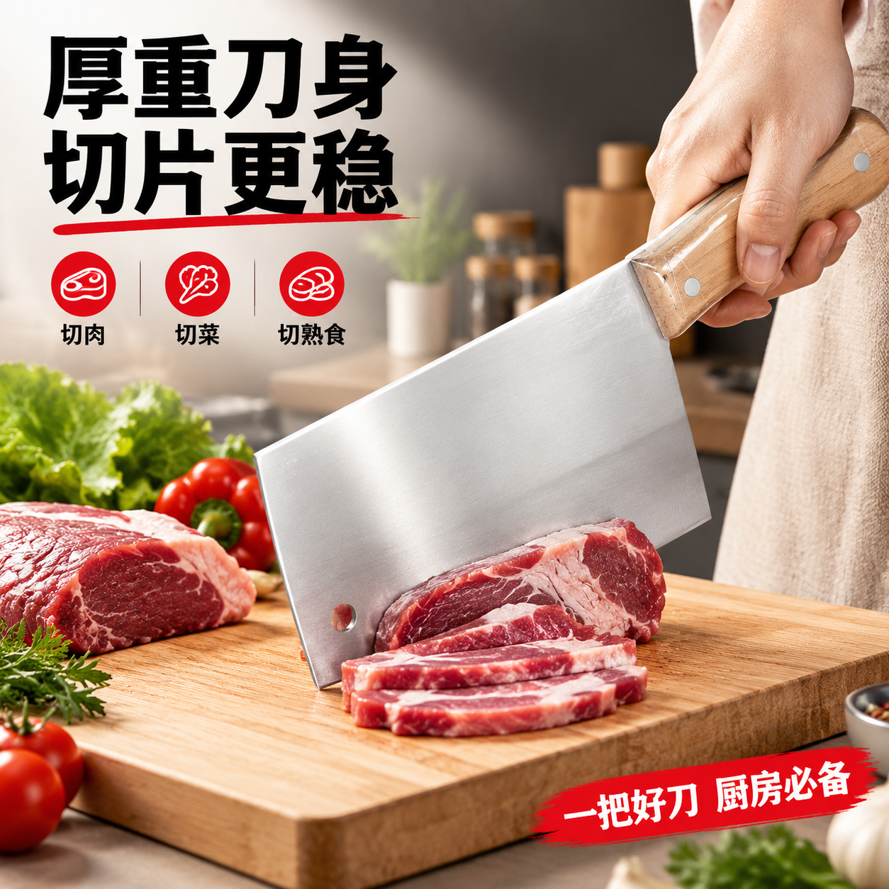 [主图-4 使用场景] 厨房真实使用场景 宽刀身菜刀正在切肉块… - 图片创意预览