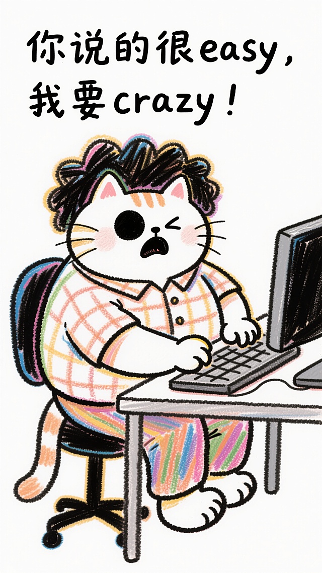 粗线条勾勒，一个超级蠢萌的拟人黑眼圈肥嘟嘟的小猫，抓狂的感觉，有点邋遢，爆炸头，穿着格子衬衫、眯眯眼，坐在电脑桌前，使劲摔打着键盘，气急败坏的表情，白色纯色的背景，上面一行文字用宋体写着“你说的很easy，我要crazy”