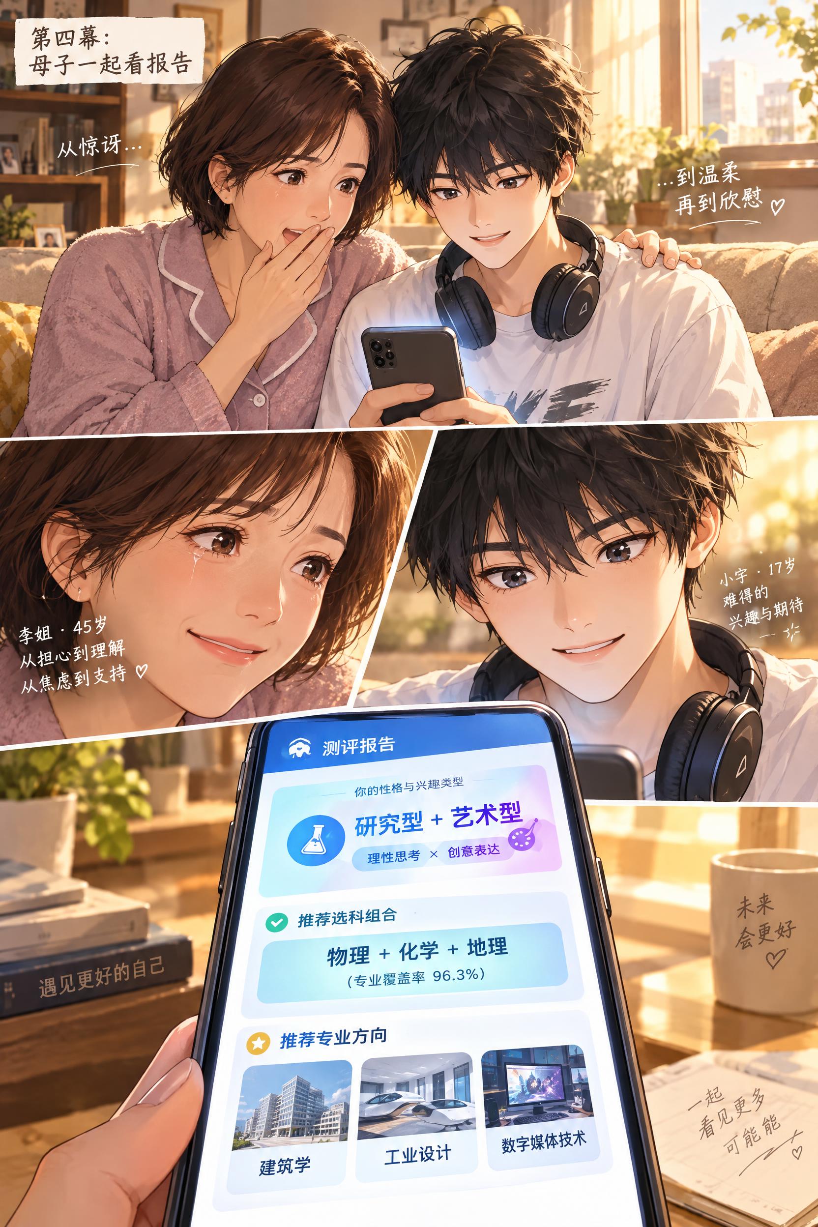 都市漫画风格，第四幕：母子一起看报告。周末下午，客厅沙发场景。… - 图片创意预览
