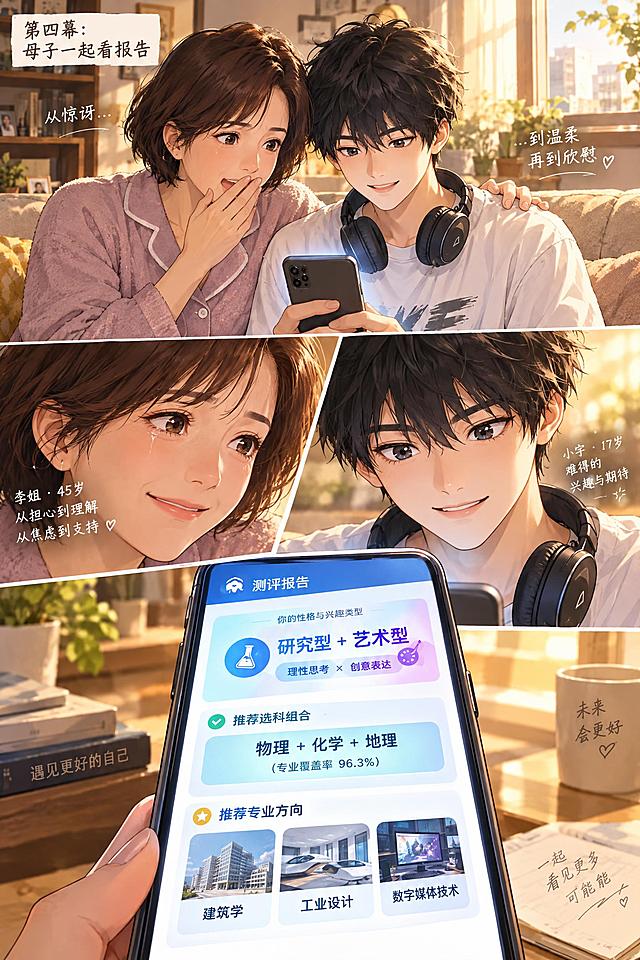 都市漫画风格，第四幕：母子一起看报告。周末下午，客厅沙发场景。妈妈李姐和儿子小宇并肩坐在沙发上，一起看手机上的测评报告。妈妈45岁，短发深棕色，穿着居家服，表情从惊讶转为温柔，眼角有点湿润，手轻轻拍着儿子的肩膀。儿子小宇17岁，黑色乱发，穿着休闲T恤，耳机挂脖子上，眼睛亮了起来，嘴角微微翘起，难得露出感兴趣的表情。手机屏幕特写：测评结果'研究型+艺术型'，推荐选科组合'物理+化学+地理（专业覆盖率96.3%）'，推荐专业方向'建筑学、工业设计、数字媒体技术'。客厅暖色调，阳光从窗户洒进来，屏幕的光映在两个人脸上，氛围温馨和解。人物表情细腻丰富，体现母子关系的转变。