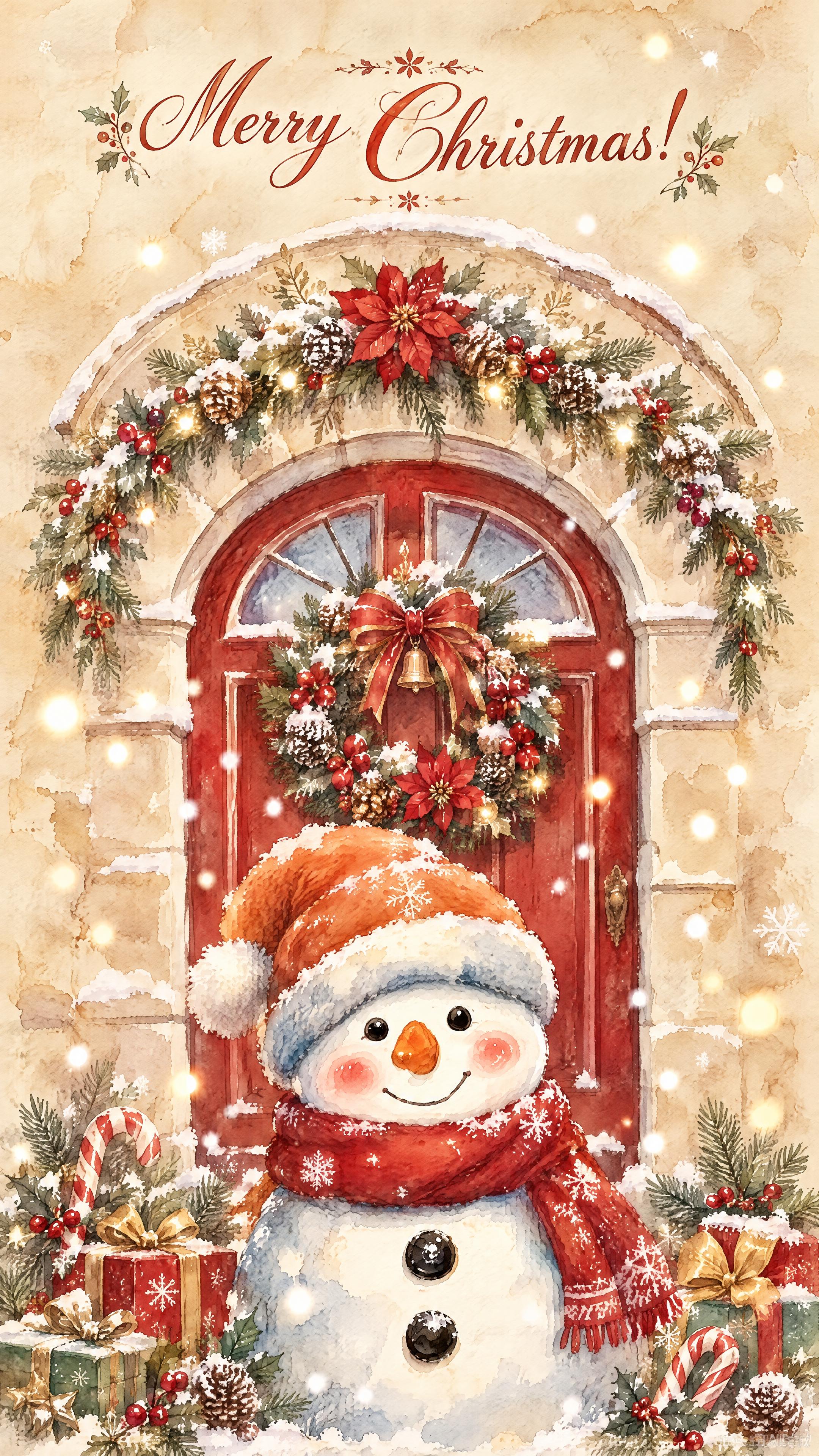 参考图风格的竖长条圣诞门帘装饰画，中心正面可爱雪人，橙色帽子，… - 图片创意预览