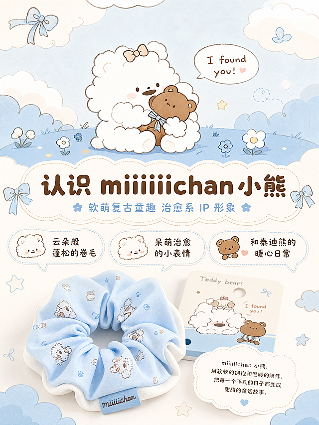 [商品] 使用【图5】浅蓝色小熊图案双层大肠发圈；保留小熊图案、双层结构、颜色和面料；自然理顺褶皱，增强图案清晰度。
[画面] 目标：IP 故事页，解读 miiiiichan 小熊形象。上下构图，上方手绘风格小熊插画场景（白色卷毛小熊抱着棕色泰迪熊，软萌表情，背景淡蓝云朵），下方产品展示+IP介绍；产品占画面35%，插画占画面40%，营造童趣故事感。
[视觉] 套系策略：风格=软萌治愈复古童趣插画+摄影结合；标题字=圆润粗黑体（圆角萌系）；正文字=圆角无衬线体；主色=奶油白+婴儿蓝；背景延展=基于奶油白和婴儿蓝做手绘云朵、星星、蝴蝶结装饰背景；强调色=浅棕小熊色，用于小熊形象和重点文字；标题色=深棕小熊色；正文色=暖灰棕；组件=圆角对话气泡、虚线、手绘装饰；光影=整体柔和漫射光，插画部分平涂质感，产品部分真实光影。
[文字] 中部主标题"认识 miiiiichan 小熊"，副标题"软萌复古童趣 治愈系 IP 形象"，下方3个IP特点："云朵般蓬松的卷毛""呆萌治愈的小表情""和泰迪熊的暖心日常"；文字均横排，用对话气泡样式呈现。
[规格] 图片比例3:4竖版，4K，负向提示：避免变形、错字、文字过小、小熊形象走样、风格违和。
